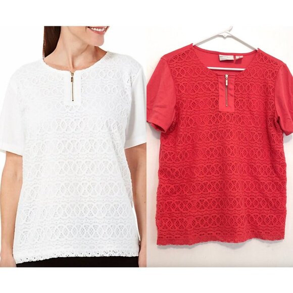 ALFRED DUNNER Coral Red Crochet Lace Overlay 1/4 Zip Zipper Short Sleeve Blouse - Picture 1 of 15